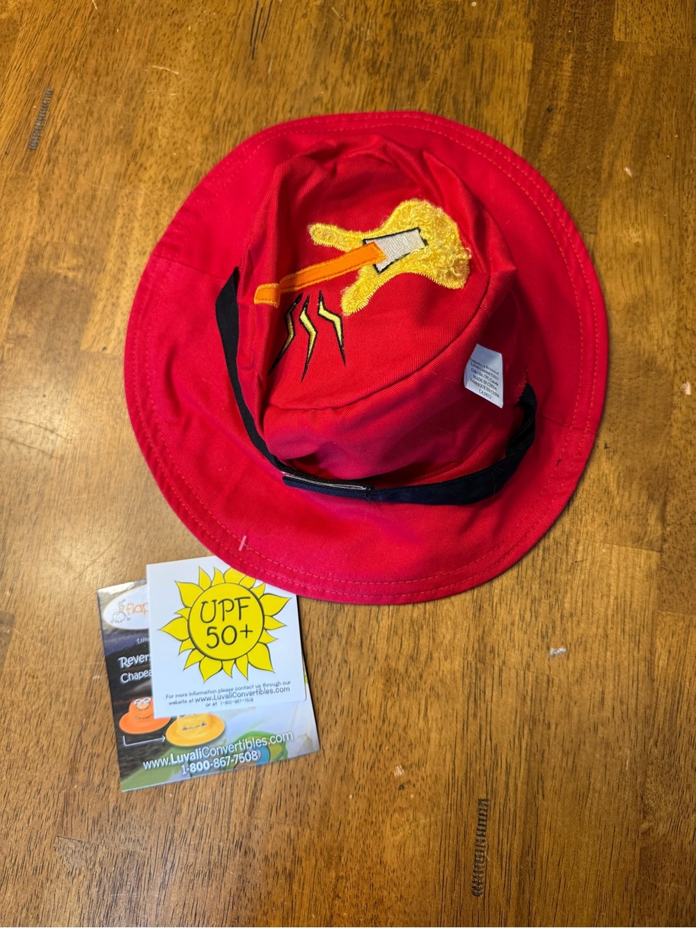 Kids Red UPF 50+ Sun Hat with Firetruck Patch